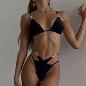 Black Pearl-Strap Cut-Out Bikini Set