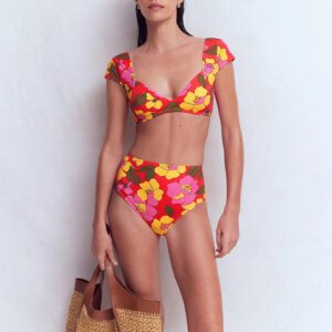 Floral Cap-Sleeve High-Waisted Bikini