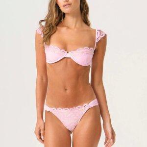 Pink Lace Cap-Sleeve Underwire Bikini Set