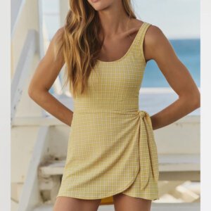 One-Piece Swim Dress in Yellow Seersucker
