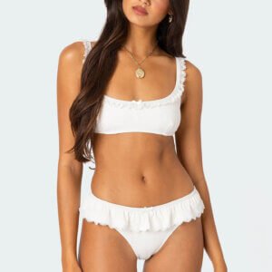White Ribbed Lace-Ruffle Bikini Set