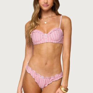 Pink Floral-Stripe Ruffle Underwire Bikini Set