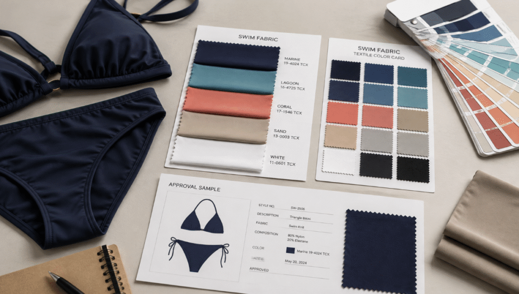 Physical textile color swatches, labeled swimwear fabric swatches, and an approval sample on a product-development desk