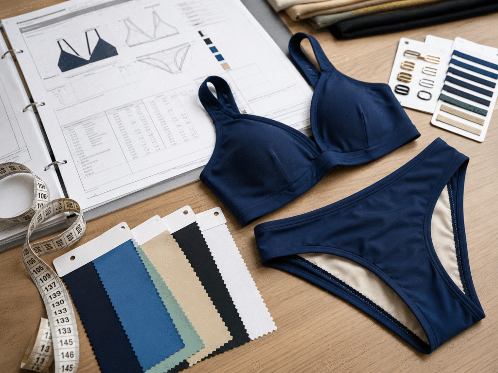 Swimwear sample reviewed beside a tech pack, measuring tape, and fabric swatches