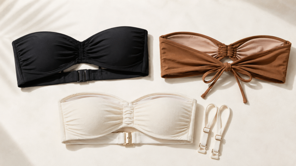 Bandeau bikini tops with different band widths, closures, and removable straps compared for support