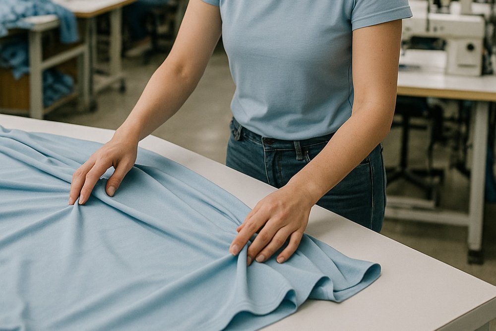 Workers carefully check fabrics in a bright and clean swimwear factory.